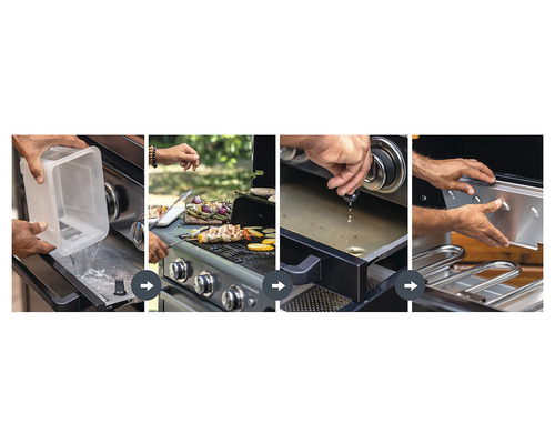 Montážny návod pre gril so systémom zachytávania tuku a nádobou na vodu na čistenie.