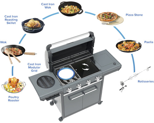 Gril s príslušenstvom na prípravu rôznych jedál, ako je pečené kura, jedlá z woku, pizza a paella.