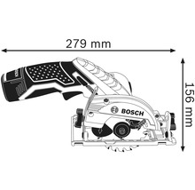 Obrázok kotúčovej píly s rozmermi: dĺžka 279 mm a výška 156 mm.