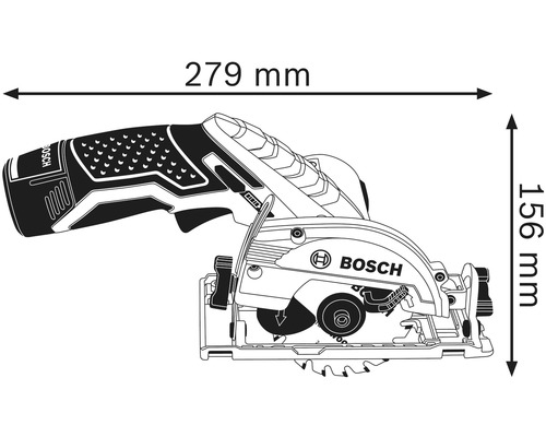 Obrázok kotúčovej píly s rozmermi: dĺžka 279 mm a výška 156 mm.