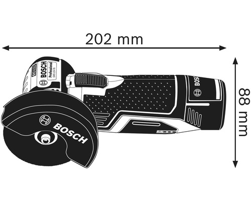 Uhlová brúska Bosch s rozmermi: dĺžka 202 mm a výška 88 mm.