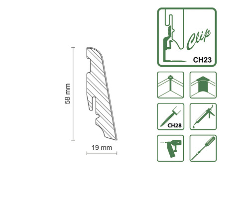 Profilová lišta s rozmermi 58 mm x 19 mm a montážny návod