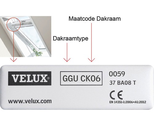 Informácie o strešnom okne Velux vrátane označenia typu a kódu rozmeru
