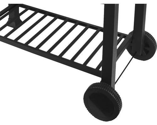 Grilovací vozík s odkladacou mriežkou a kolieskami.