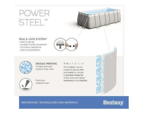 Bazén Bestway Power Steel: Informácie o tesnení, uzamykacom systéme, mozaikovej potlači a materiálu Tritech