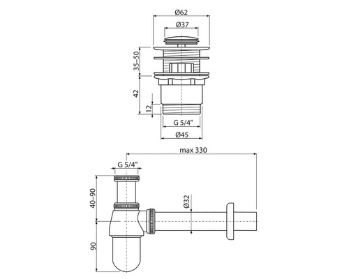 Technický nákres odtokovej armatúry s rozmermi