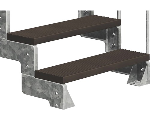 Dva schody z pozinkovanej ocele s hnedými nášľapmi
