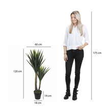 Dekoratívna umelá rastlina juka, vysoká približne 120 cm, s rozmermi.