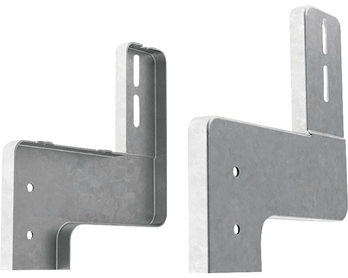 Detailný pohľad na dva kovové držiaky zariadení s montážnymi otvormi