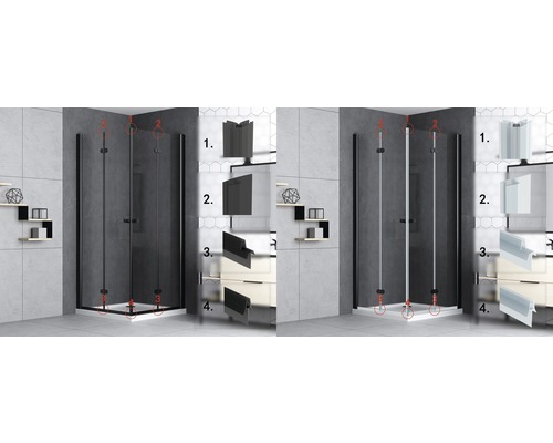 Rohová sprcha s čiernym rámom a detailným pohľadom na montážne prvky