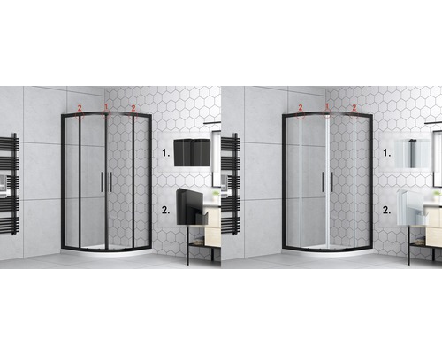 Rohová sprcha s čiernym alebo bielym rámom a detaily upevňovacích prvkov