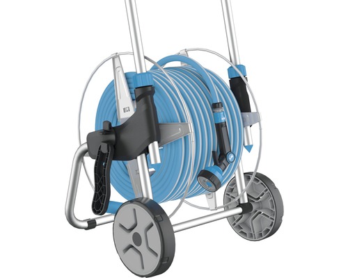 Záhradný hadicový vozík s hadicou a striekacou pištoľou