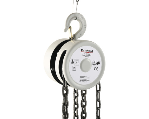 Reťazový kladkostroj Pattfield s maximálnou nosnosťou 1000 kilogramov.