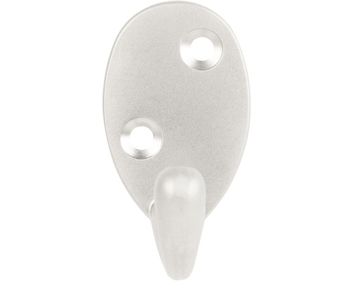 Kovový háčik na oblečenie s oválnou základnou doskou a dvoma upevňovacími otvormi