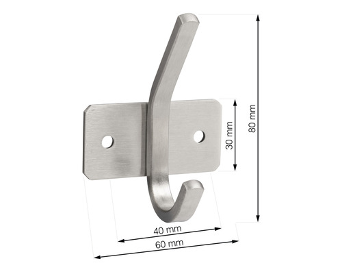 Kovový vešiak na odevy s rozmermi 80 mm na výšku, 60 mm na šírku a 40 mm do hĺbky