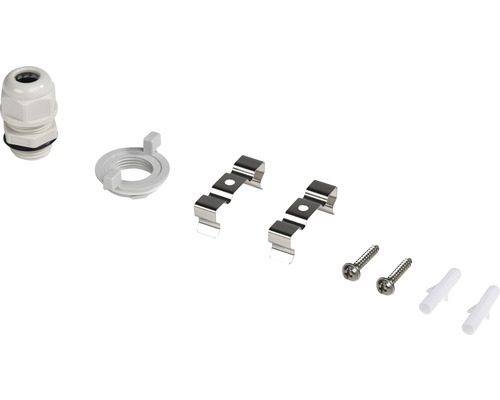 Káblová priechodka, poistná matica, dve upevňovacie spony, dve skrutky a dve hmoždinky