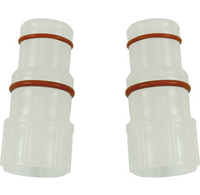 Dve priehľadné plastové hadicové spojky s tesniacimi krúžkami