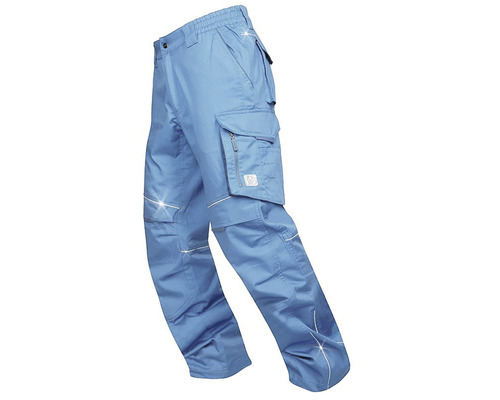 Svetlomodré pracovné nohavice s niekoľkými vreckami.