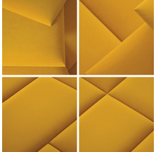 Detail žltých akustických panelov s geometrickým vzorom na pohlcovanie zvuku