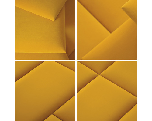 Detail žltých akustických panelov s geometrickým vzorom na pohlcovanie zvuku