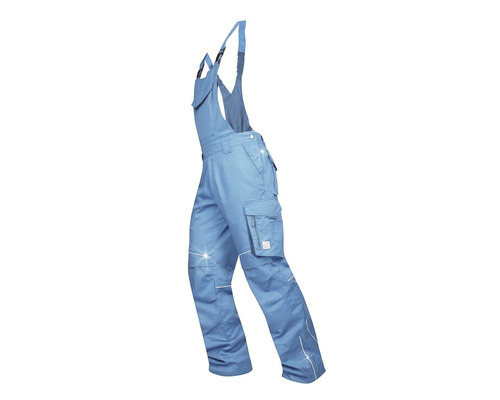Modré pracovné nohavice s náprsenkou a reflexnými prvkami.