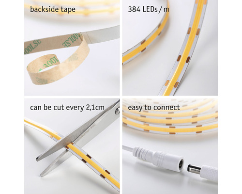 LED pásik s lepiacou páskou na zadnej strane, 384 LED diód na meter, dá sa strihať každých 2,1 cm, jednoduché pripojenie.