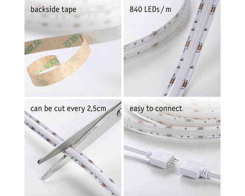 LED pásik so zadnou lepiacou páskou, 840 LED na meter, možnosť strihania každých 2,5 cm a jednoduché pripojenie.