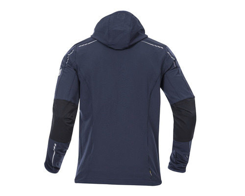 Modrá pracovná bunda s kapucňou, pohľad zozadu