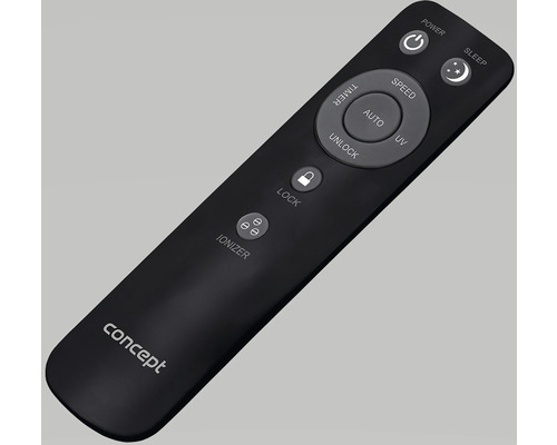 Diaľkové ovládanie s tlačidlami pre napájanie, rýchlosť, časovač, zámok a ionizátor