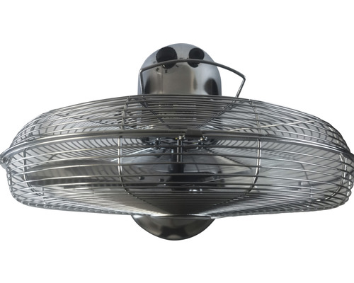 Stropný ventilátor s kovovým puzdrom a ochrannou mriežkou.