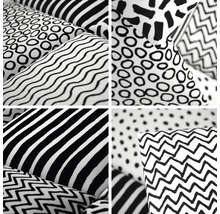 Koláž rôznych vankúšov s čierno-bielymi vzormi