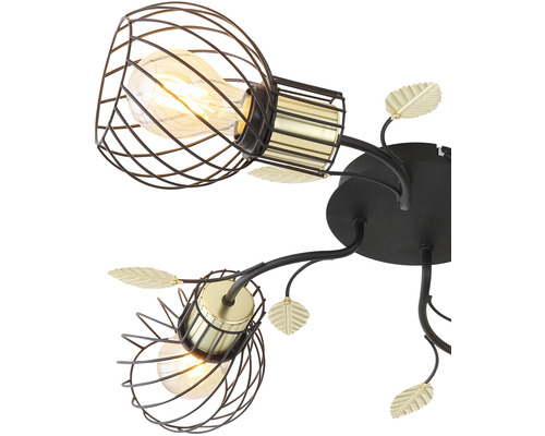 Stropné svietidlo s dvoma svetlami, kovovou klietkou a ozdobami listov