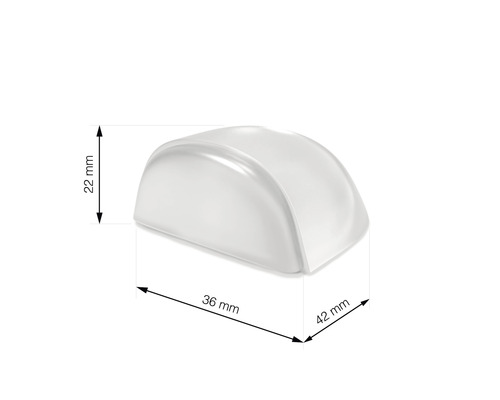 Jeden priehľadný dverný doraz s rozmermi 36 mm x 42 mm x 22 mm