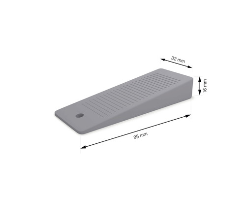 Sivý dverný klin s rozmermi 95 mm x 32 mm x 16 mm