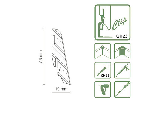 Diagram lišty s rozmermi 58 mm výšky a 19 mm šírky a symboly pre montáž.