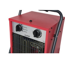 Detailný pohľad na červený elektrický ohrievač s dvoma otočnými gombíkmi na reguláciu výkonu.