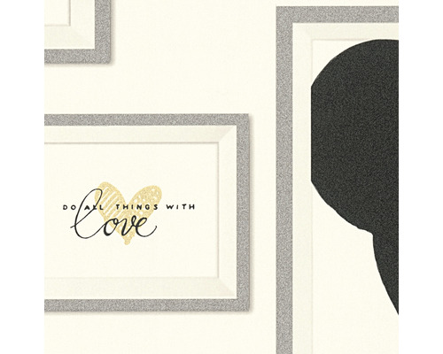 Niekoľko zarámovaných obrázkov na stene s nápismi Robte všetky veci s láskou a abstraktnou potlačou