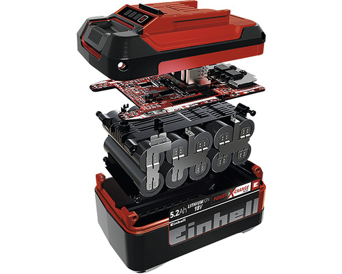 Batéria Einhell v rozloženom pohľade s 5,2 ampérhodinami a 18 voltami