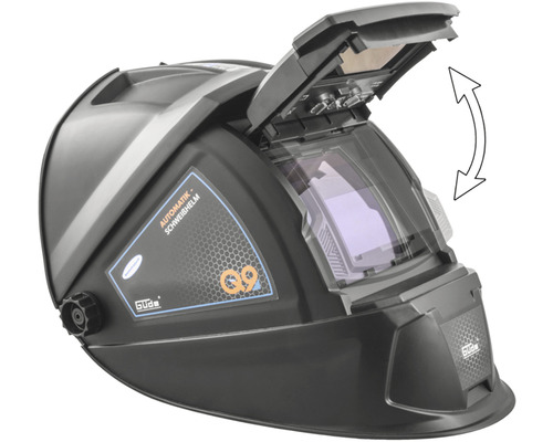 Automatická zváračská kukla so zdvihnutým hľadím a šípkou rotačného pohybu