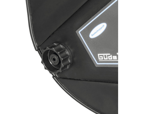 Detailný pohľad na zváračskú masku s nastavovacím gombíkom a logom Güde