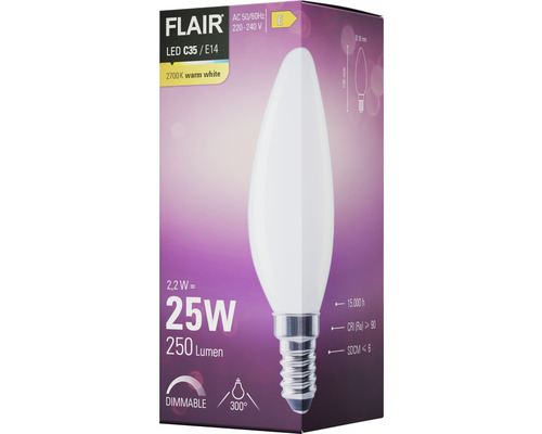 LED žiarovka FLAIR C35 E14, 2,2 W, 250 lúmenov, 2700 Kelvinov, teplá biela, stmievateľná