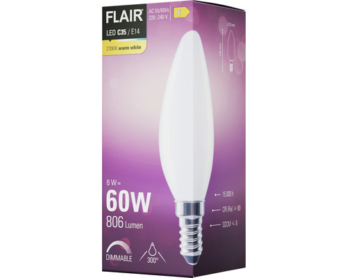 Žiarovka LED Flair C35 E14, 6 W, zodpovedá 60 W, 806 lúmenov, 2700 K teplá biela, stmievateľná