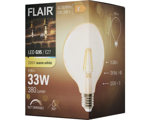 LED žiarovka Flair G95 E27, 4 W, porovnateľná hodnota 33 W, 380 lúmenov, nestmievateľná