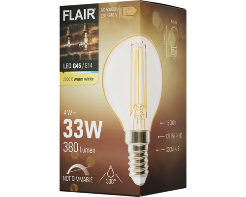 LED žiarovka FLAIR G45/E14, 4 W, ekvivalent 33 W, 380 lúmenov, 2000 kelvinov, teplá biela, nestmievateľná