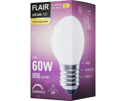 Žiarovka Flair LED G45 E27 6 W zodpovedá 60 W, stmievateľná