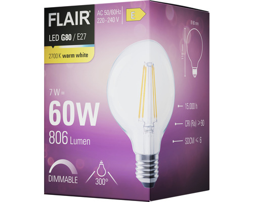 Balenie stmievateľnej LED žiarovky Flair G80 E27 s výkonom 7 W, čo zodpovedá 60 W