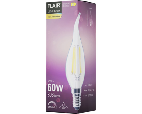 Žiarovka FLAIR LED CL35/E14, 5,5 W, 806 lúmenov, 2700 K teplá biela, stmievateľná