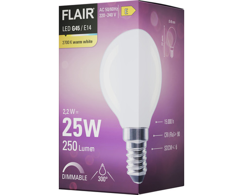 Balenie LED žiarovky Flair G45 E14, 2,2 W, ekvivalent 25 W, 250 lúmenov, 2700 K teplá biela, stmievateľná