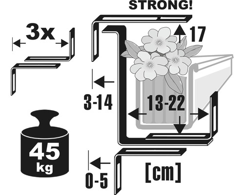 Technický nákres uholníkovej konzoly s rozmermi a nosnosťou do 45 kilogramov.