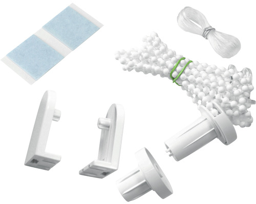 Sada príslušenstva pre rolety pozostávajúca z lepiacich prúžkov, šnúry, guľôčkovej retiazky a držiakov